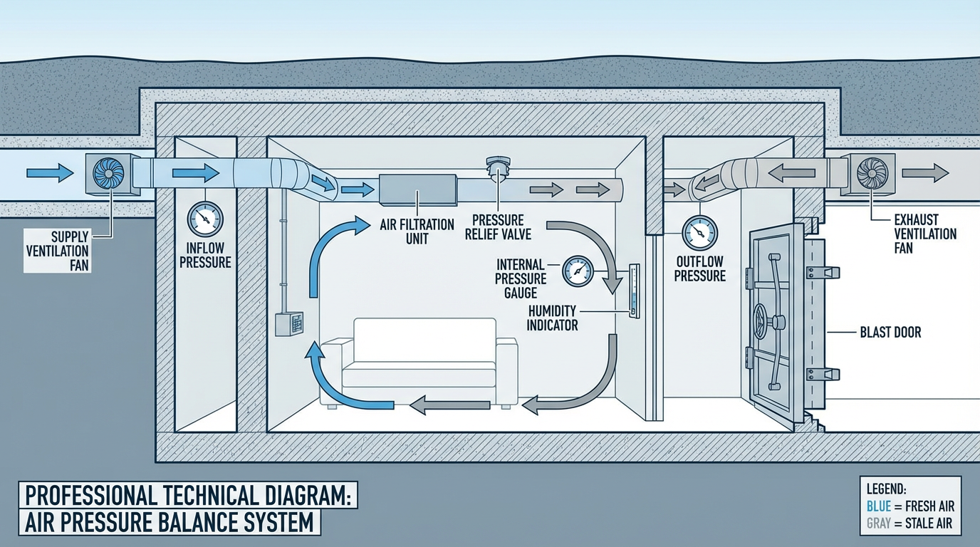 Technical diagram showing air pressure balance systems in a sealed underground bunker