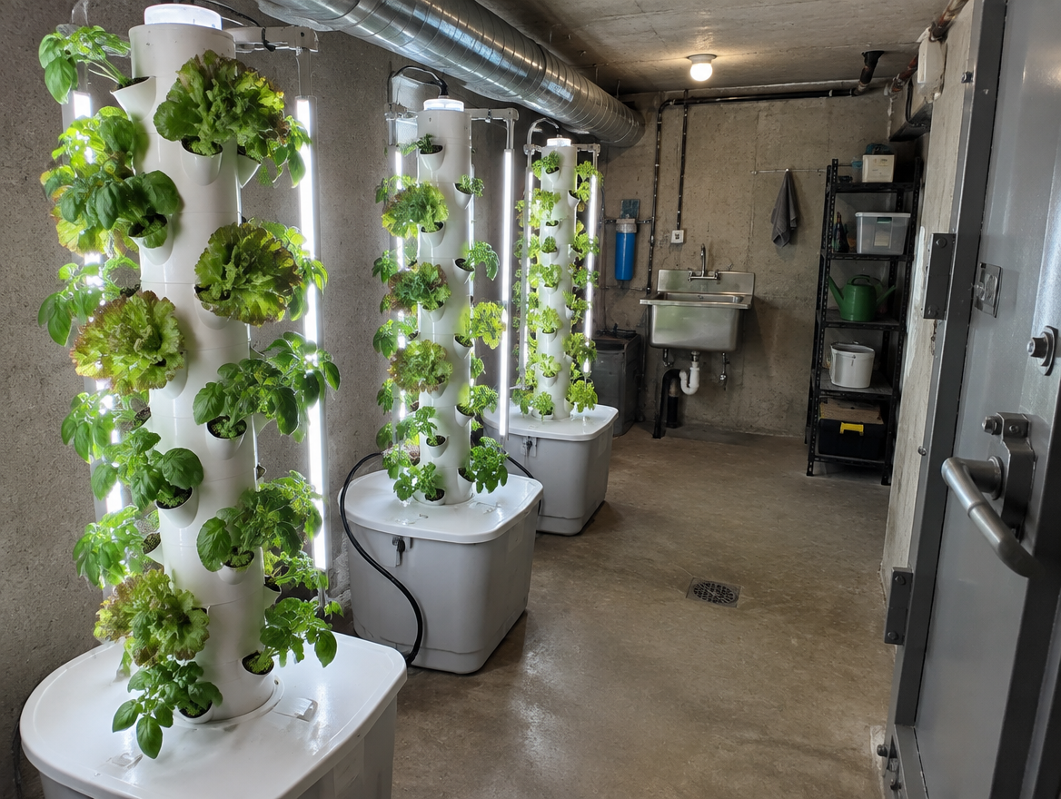 Hydroponic food production room with vertical growing towers