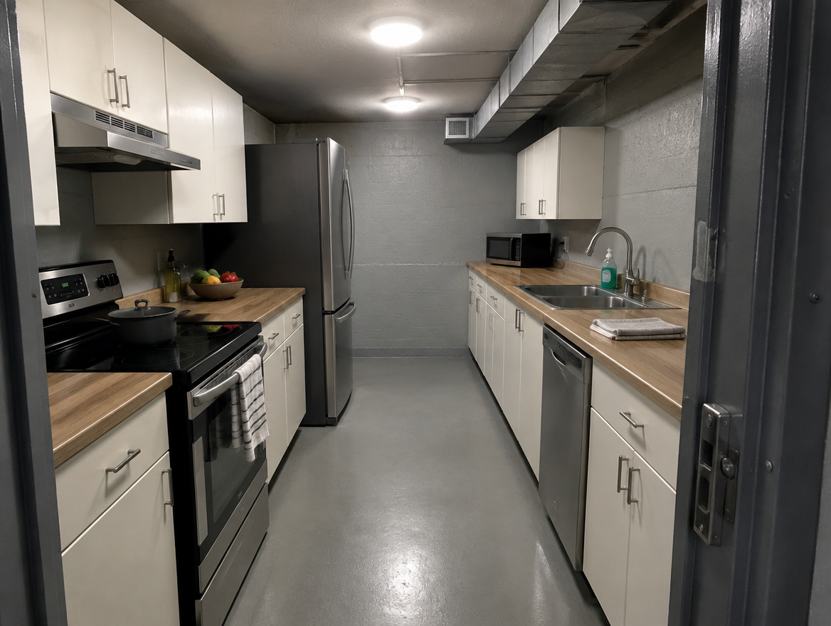 Modern bunker kitchen with food storage and appliances