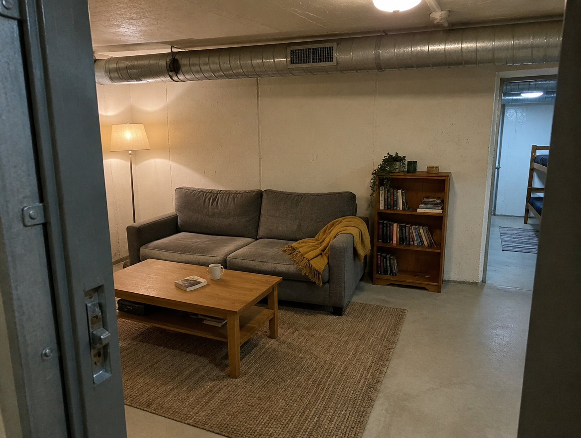 Luxury bunker living area with modern furnishings and LED lighting